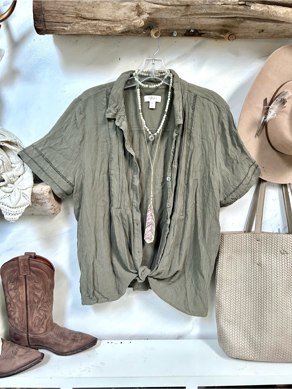 Style & Co. Olive Green Short-Sleeve Button-Down Shirt w crochet detailing